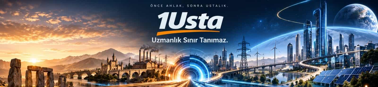 Solda gün batımında taş yapılar ve tarihi köprü, sağda mavi ışıklı modern şehir ve gelecek mimarisi; ortada 1Usta logosu ve “Uzmanlık Sınır Tanımaz.” sloganı